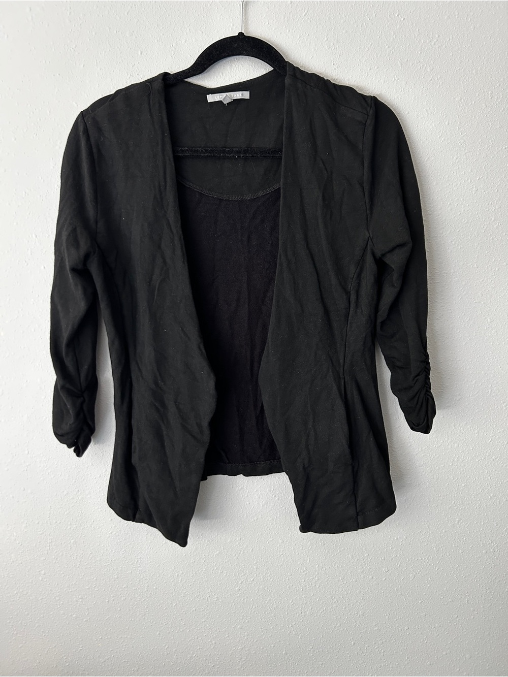 Women's Black Open-Front Blazer with Ruched 3/4 Sleeves